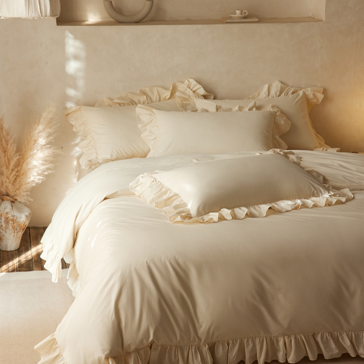 91家纺网 家纺一手货源 找家纺 （总）涞澳家纺 2026新款全棉纯棉水洗棉纯色花边款四件套-珠若