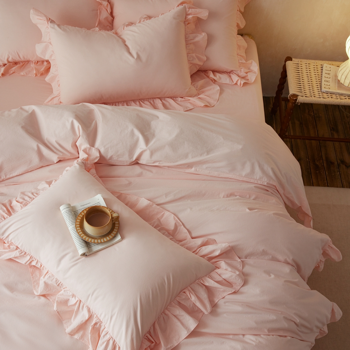 91家纺网 家纺一手货源 找家纺 涞澳家纺 2026新款全棉纯棉水洗棉纯色花边款四件套-珠若 珠若-浅玉