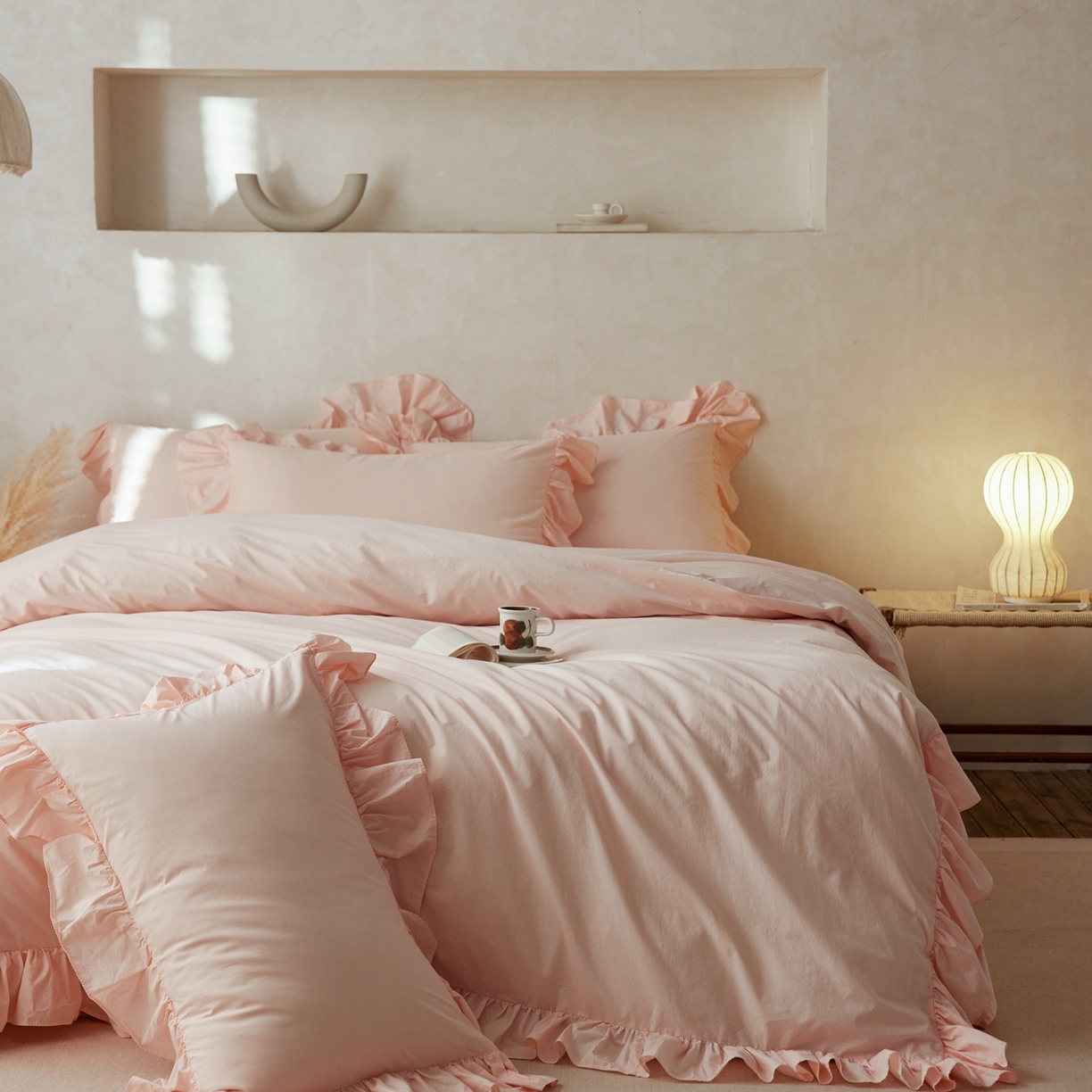 91家纺网 家纺一手货源 找家纺 涞澳家纺 2026新款全棉纯棉水洗棉纯色花边款四件套-珠若 珠若-浅玉