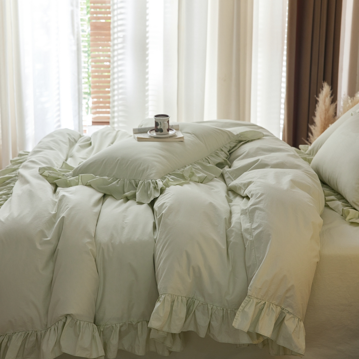 91家纺网 家纺一手货源 找家纺 涞澳家纺 2026新款全棉纯棉水洗棉纯色花边款四件套-珠若 珠若-浅绿