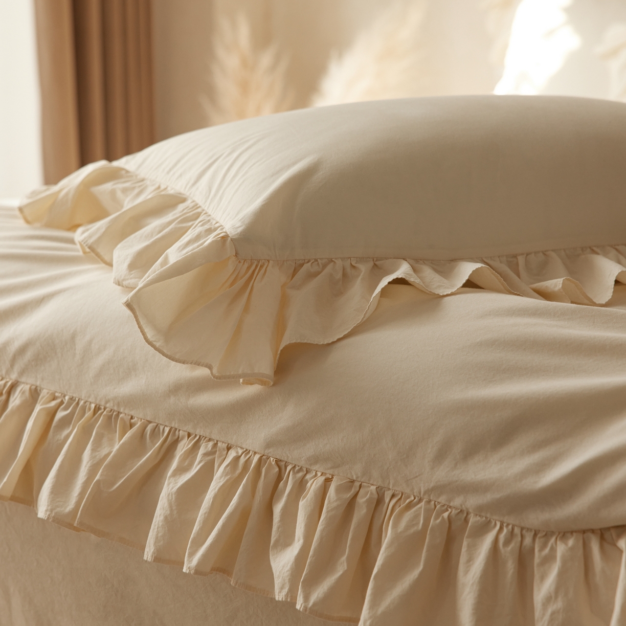 91家纺网 家纺一手货源 找家纺 涞澳家纺 2026新款全棉纯棉水洗棉纯色花边款四件套-珠若 珠若-米白