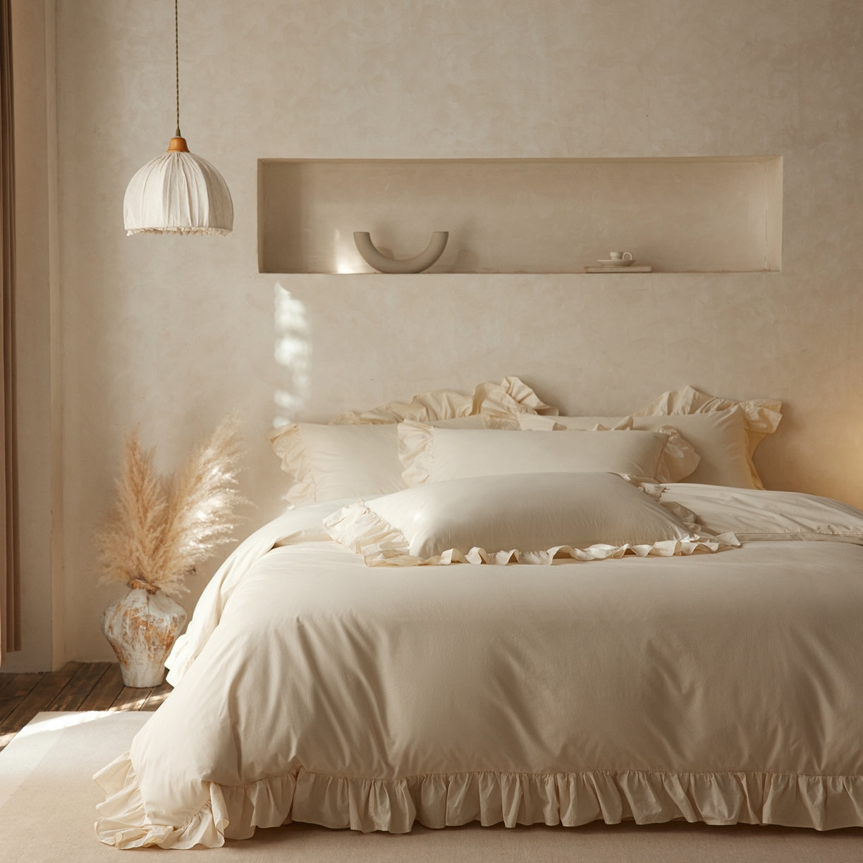 91家纺网 家纺一手货源 找家纺 涞澳家纺 2026新款全棉纯棉水洗棉纯色花边款四件套-珠若 珠若-米白