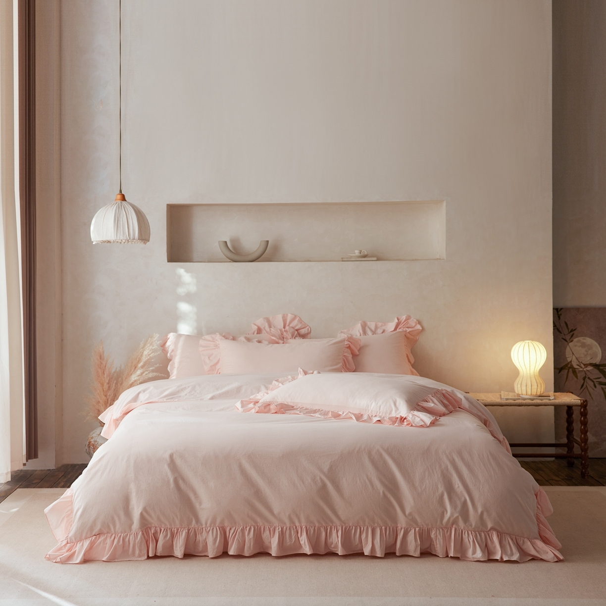 91家纺网 家纺一手货源 找家纺 涞澳家纺 2026新款全棉纯棉水洗棉纯色花边款四件套-珠若 珠若-浅玉