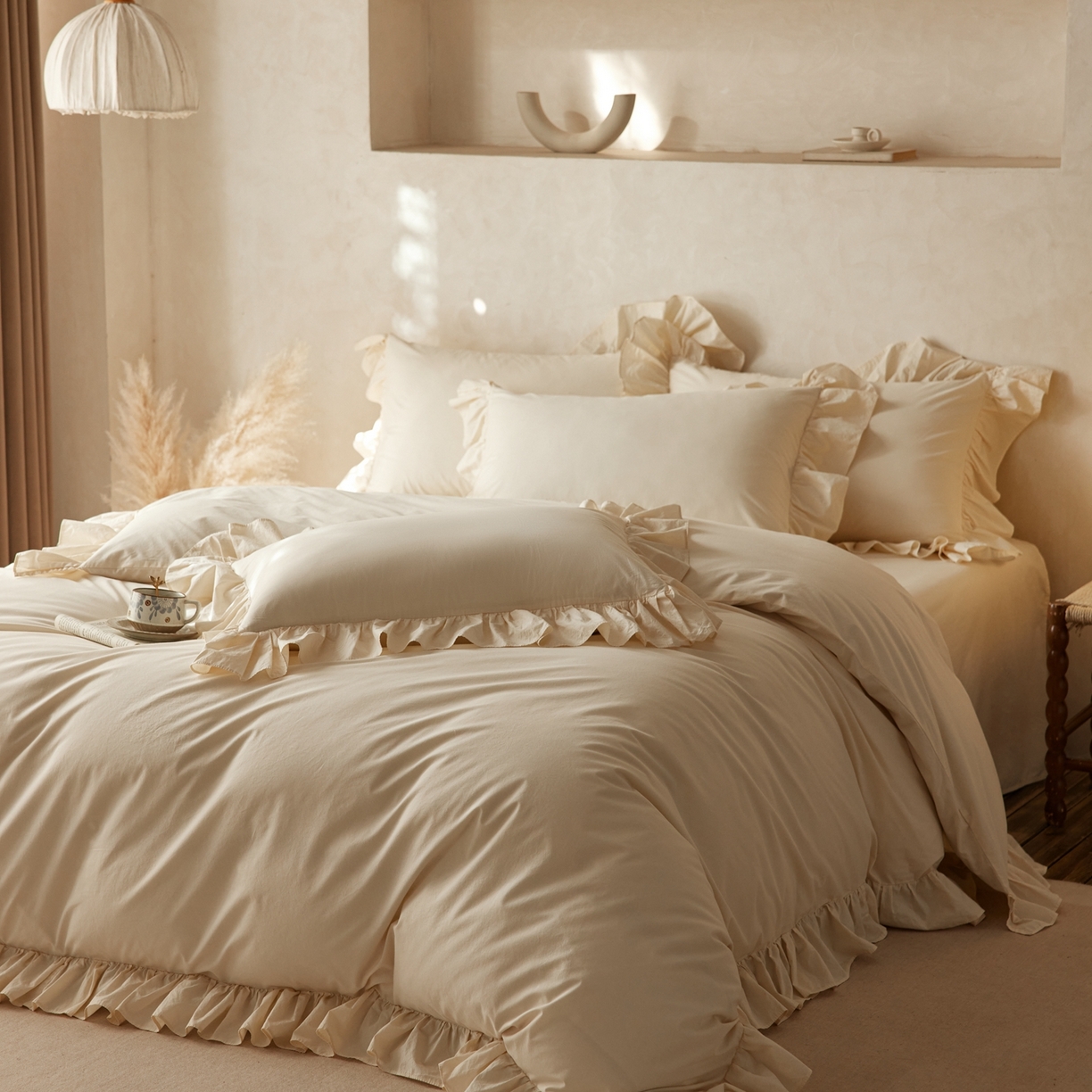 涞澳家纺 2026新款全棉纯棉水洗棉纯色花边款四件套-珠若 珠若-米白