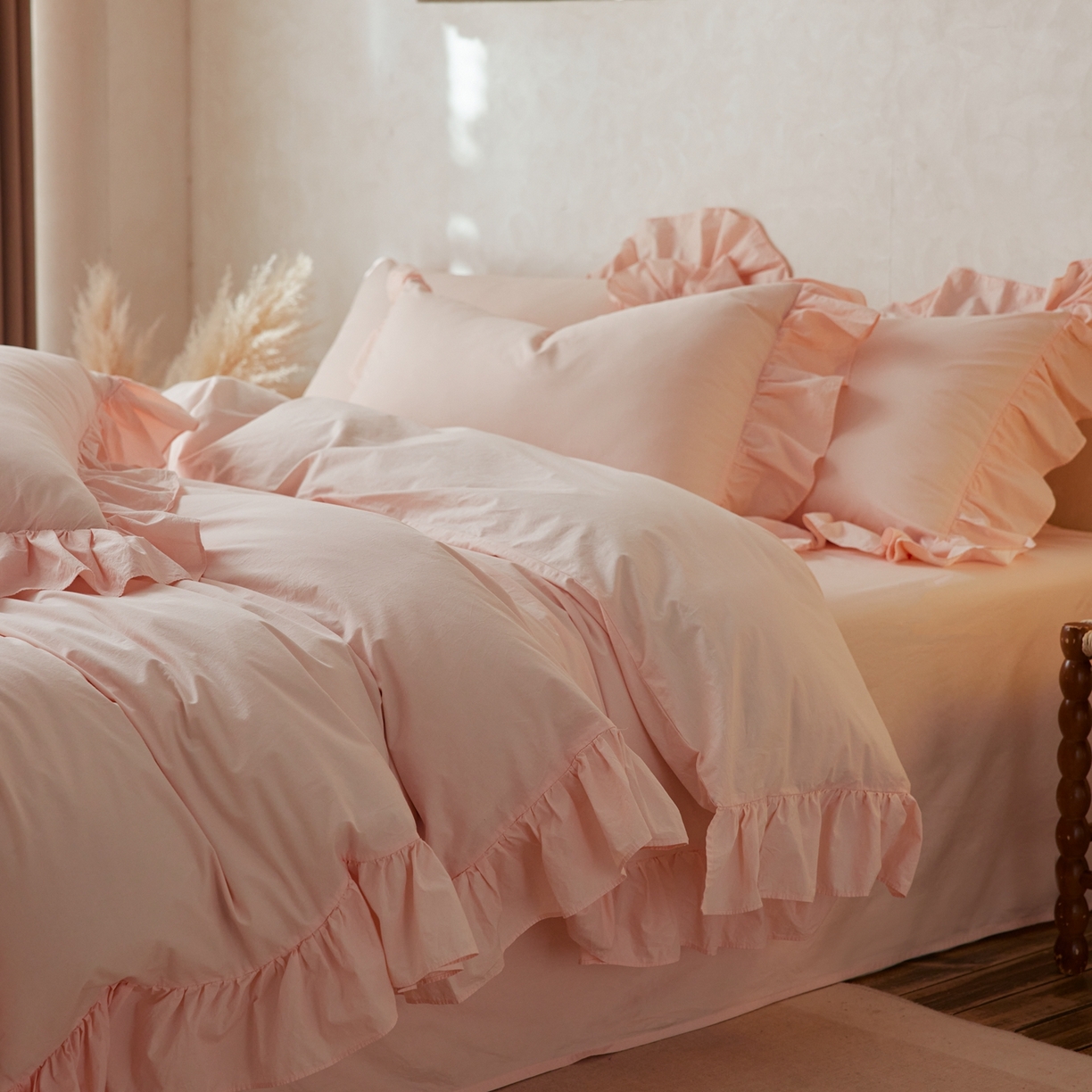 91家纺网 家纺一手货源 找家纺 涞澳家纺 2026新款全棉纯棉水洗棉纯色花边款四件套-珠若 珠若-浅玉