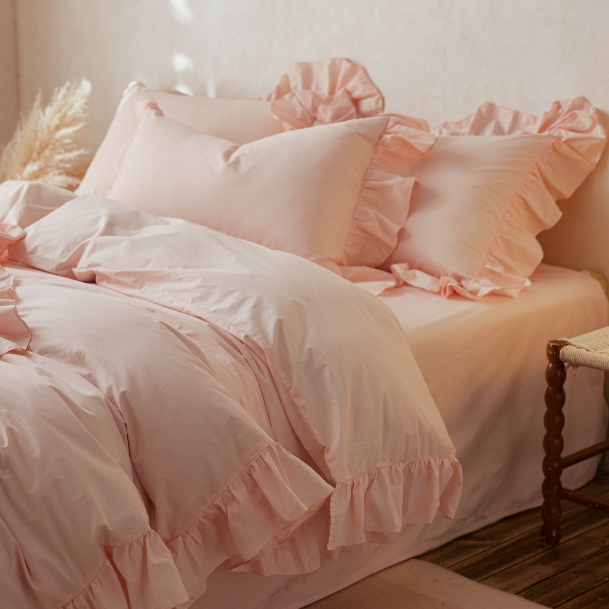 91家纺网 家纺一手货源 找家纺 涞澳家纺 2026新款全棉纯棉水洗棉纯色花边款四件套-珠若 珠若-浅玉