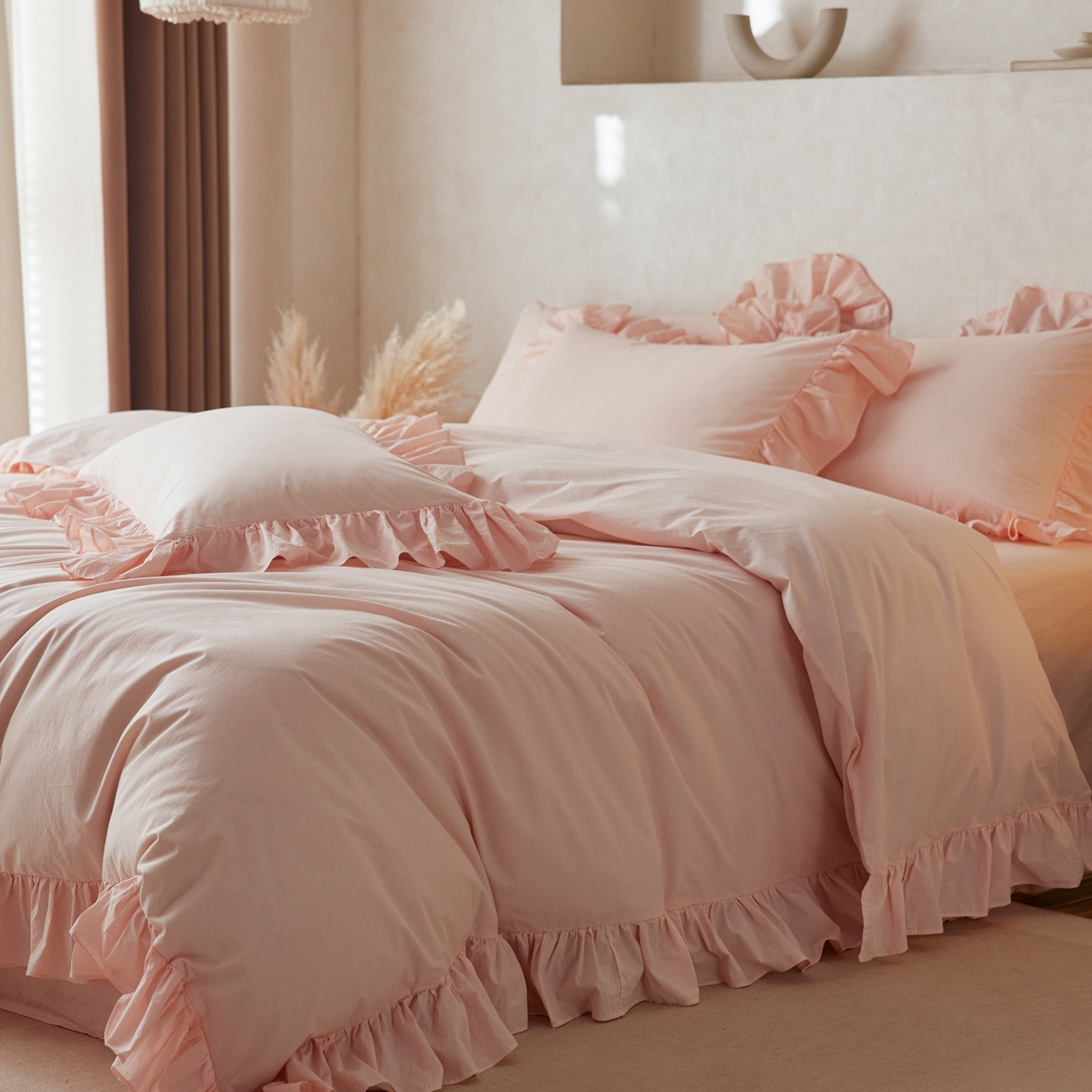 91家纺网 家纺一手货源 找家纺 涞澳家纺 2026新款全棉纯棉水洗棉纯色花边款四件套-珠若 珠若-浅玉