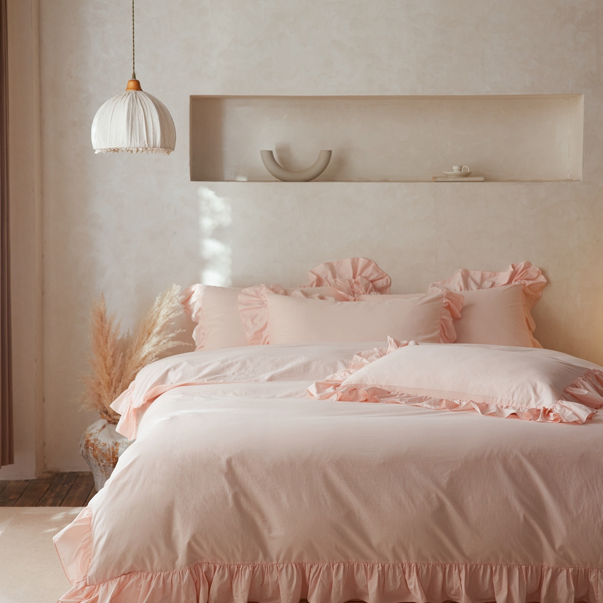 91家纺网 家纺一手货源 找家纺 涞澳家纺 2026新款全棉纯棉水洗棉纯色花边款四件套-珠若 珠若-浅玉