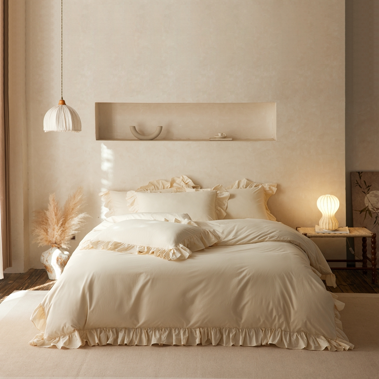 91家纺网 家纺一手货源 找家纺 涞澳家纺 2026新款全棉纯棉水洗棉纯色花边款四件套-珠若 珠若-米白