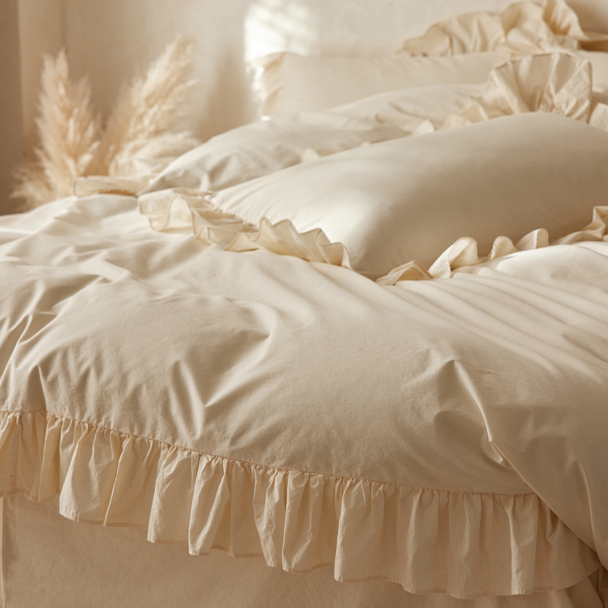 91家纺网 家纺一手货源 找家纺 （总）涞澳家纺 2026新款全棉纯棉水洗棉纯色花边款四件套-珠若