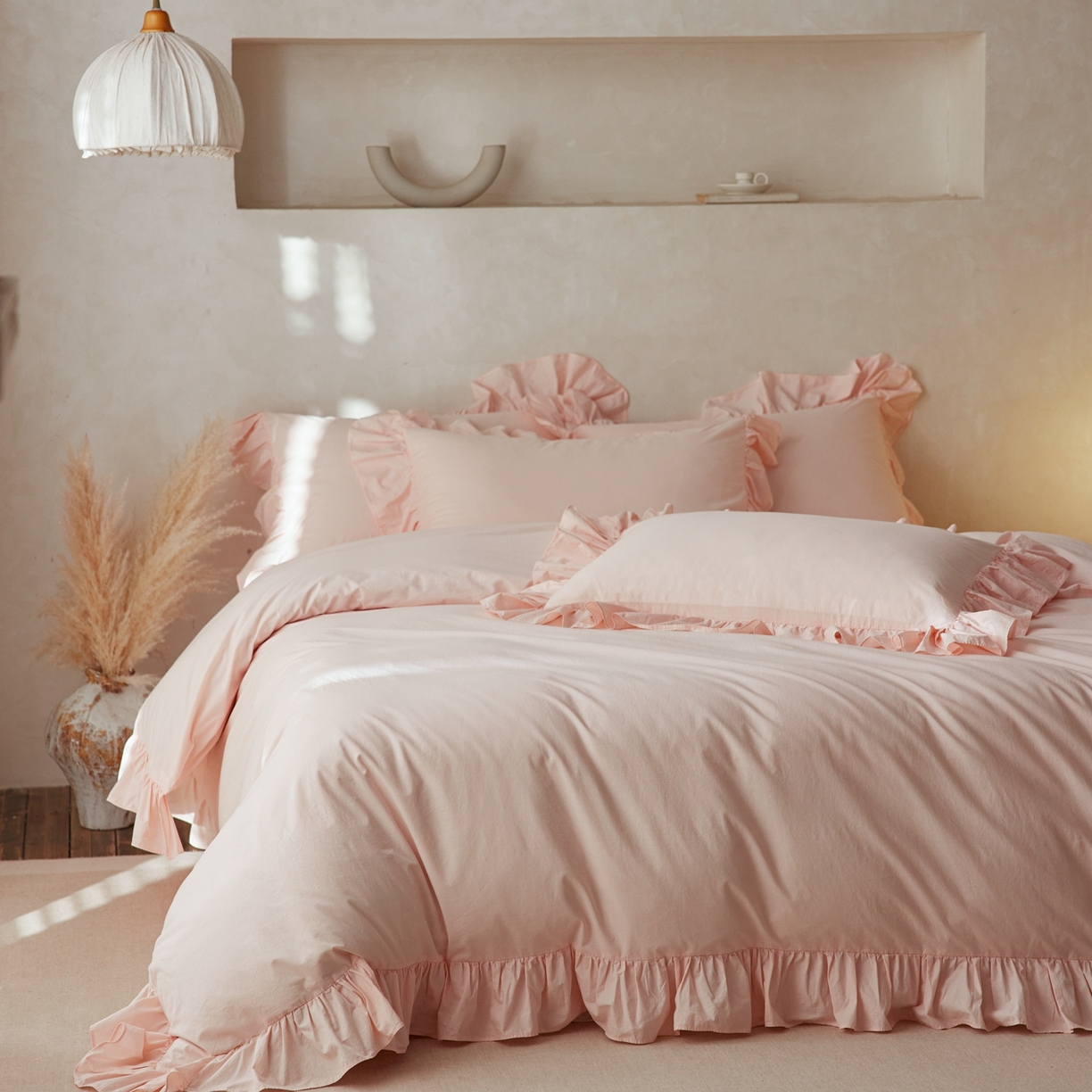 91家纺网 家纺一手货源 找家纺 涞澳家纺 2026新款全棉纯棉水洗棉纯色花边款四件套-珠若 珠若-浅玉