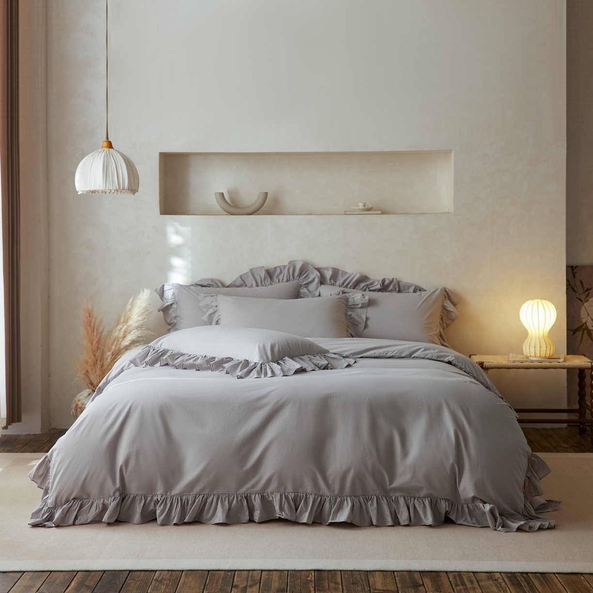 91家纺网 家纺一手货源 找家纺 涞澳家纺 2026新款全棉纯棉水洗棉纯色花边款四件套-珠若 珠若-浅灰