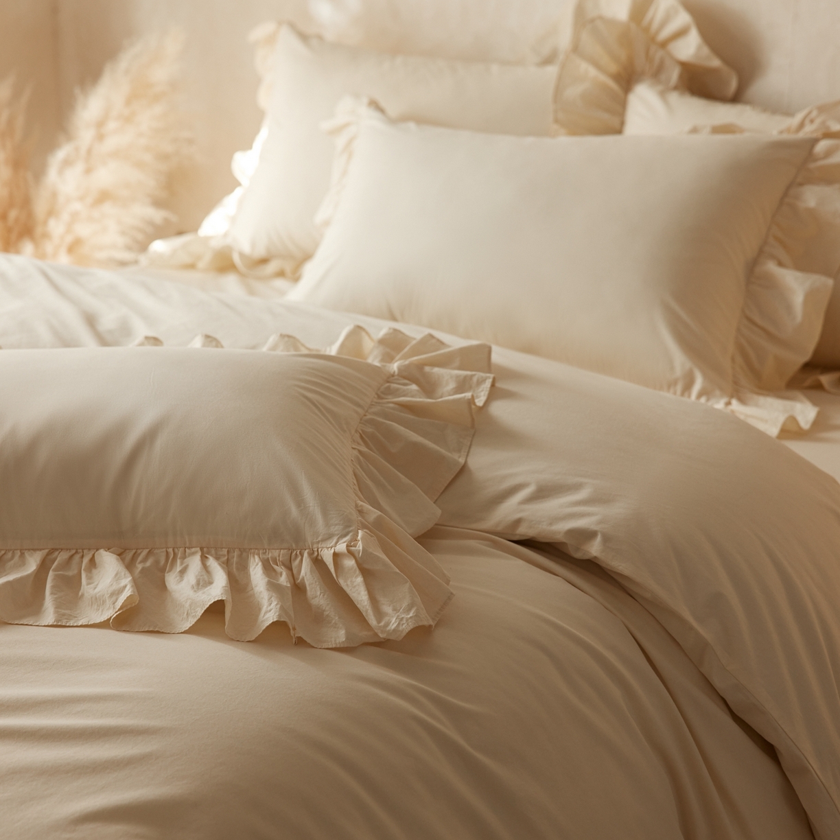 91家纺网 家纺一手货源 找家纺 涞澳家纺 2026新款全棉纯棉水洗棉纯色花边款四件套-珠若 珠若-米白