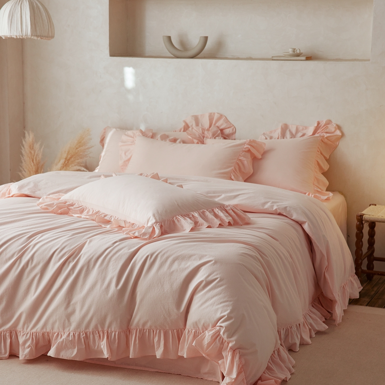 涞澳家纺 2026新款全棉纯棉水洗棉纯色花边款四件套-珠若 珠若-浅玉