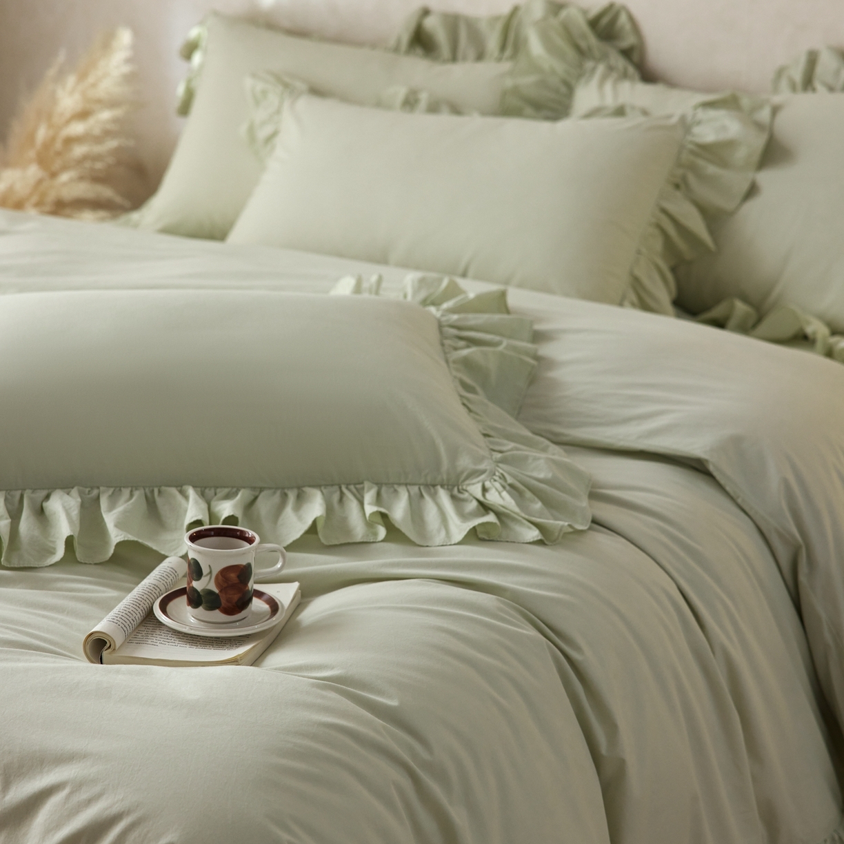 91家纺网 家纺一手货源 找家纺 涞澳家纺 2026新款全棉纯棉水洗棉纯色花边款四件套-珠若 珠若-浅绿