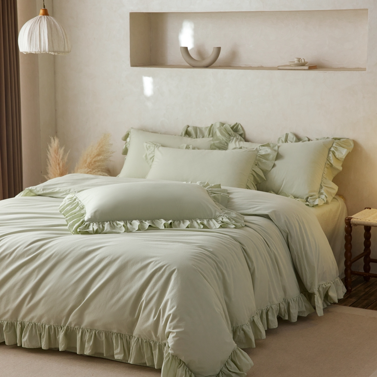 涞澳家纺 2026新款全棉纯棉水洗棉纯色花边款四件套-珠若 珠若-浅绿