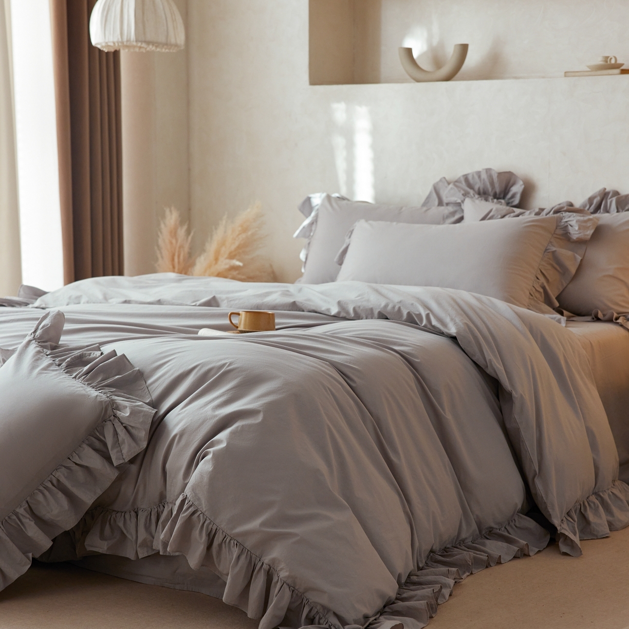 91家纺网 家纺一手货源 找家纺 涞澳家纺 2026新款全棉纯棉水洗棉纯色花边款四件套-珠若 珠若-浅灰