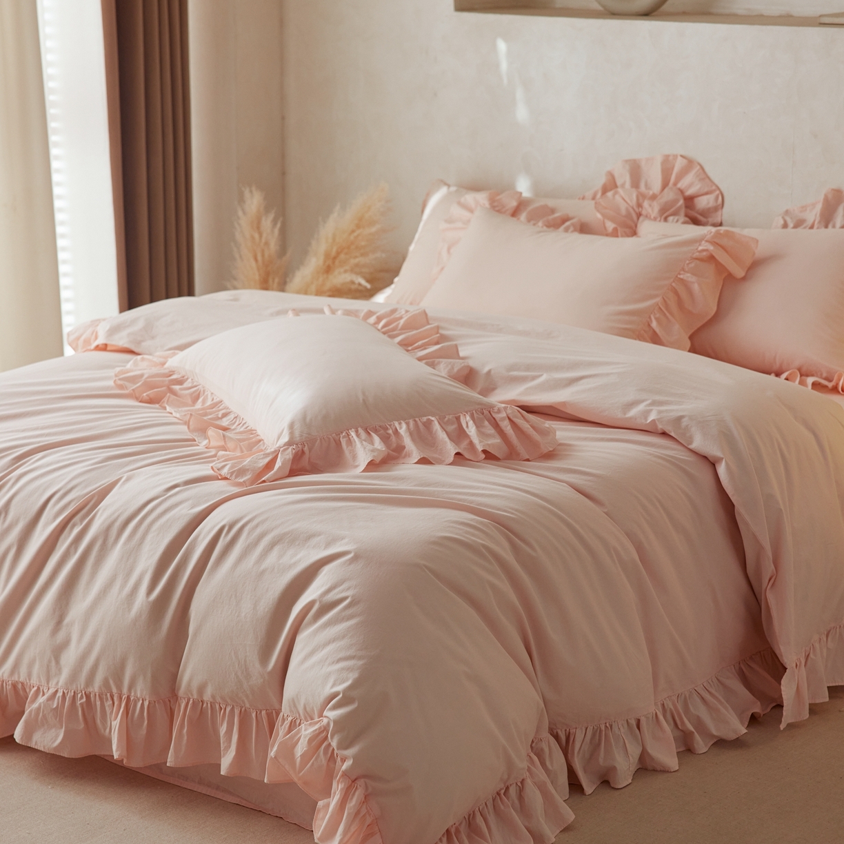 91家纺网 家纺一手货源 找家纺 涞澳家纺 2026新款全棉纯棉水洗棉纯色花边款四件套-珠若 珠若-浅玉