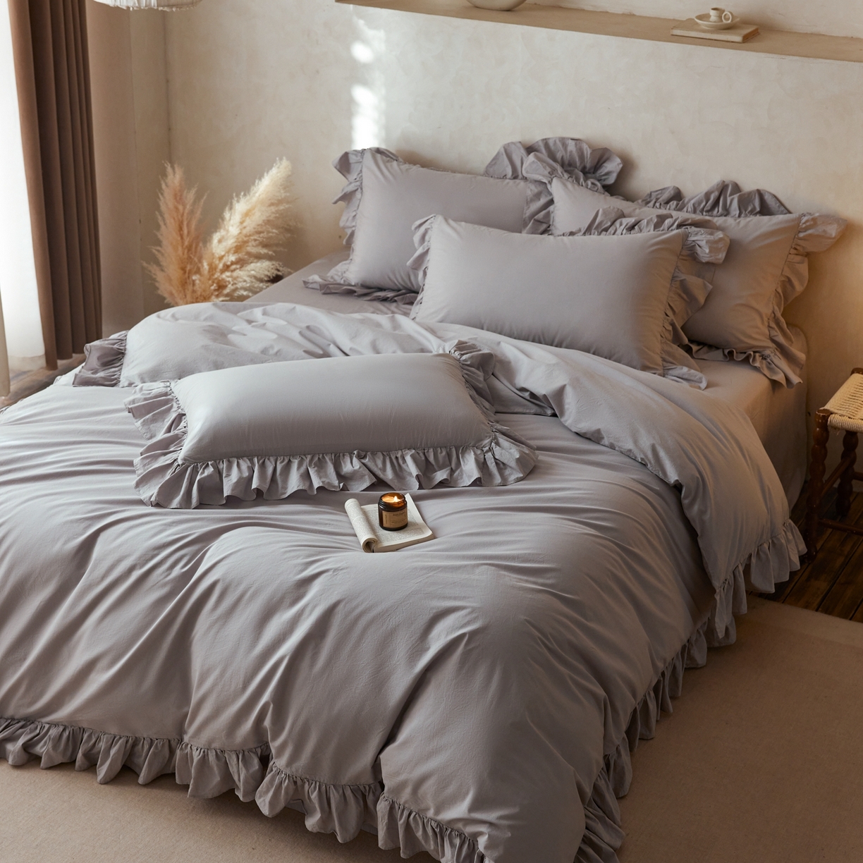 91家纺网 家纺一手货源 找家纺 涞澳家纺 2026新款全棉纯棉水洗棉纯色花边款四件套-珠若 珠若-浅灰