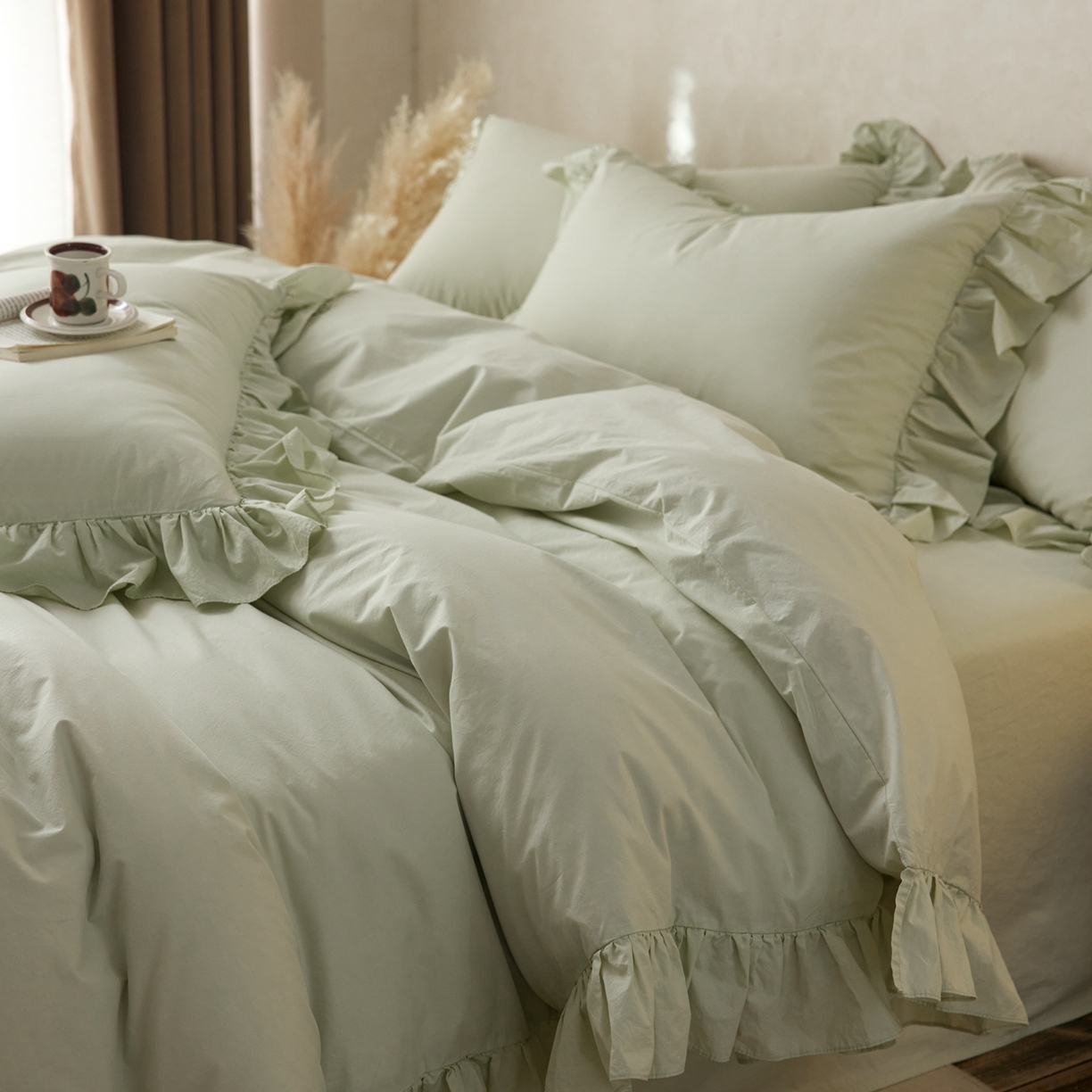 91家纺网 家纺一手货源 找家纺 涞澳家纺 2026新款全棉纯棉水洗棉纯色花边款四件套-珠若 珠若-浅绿