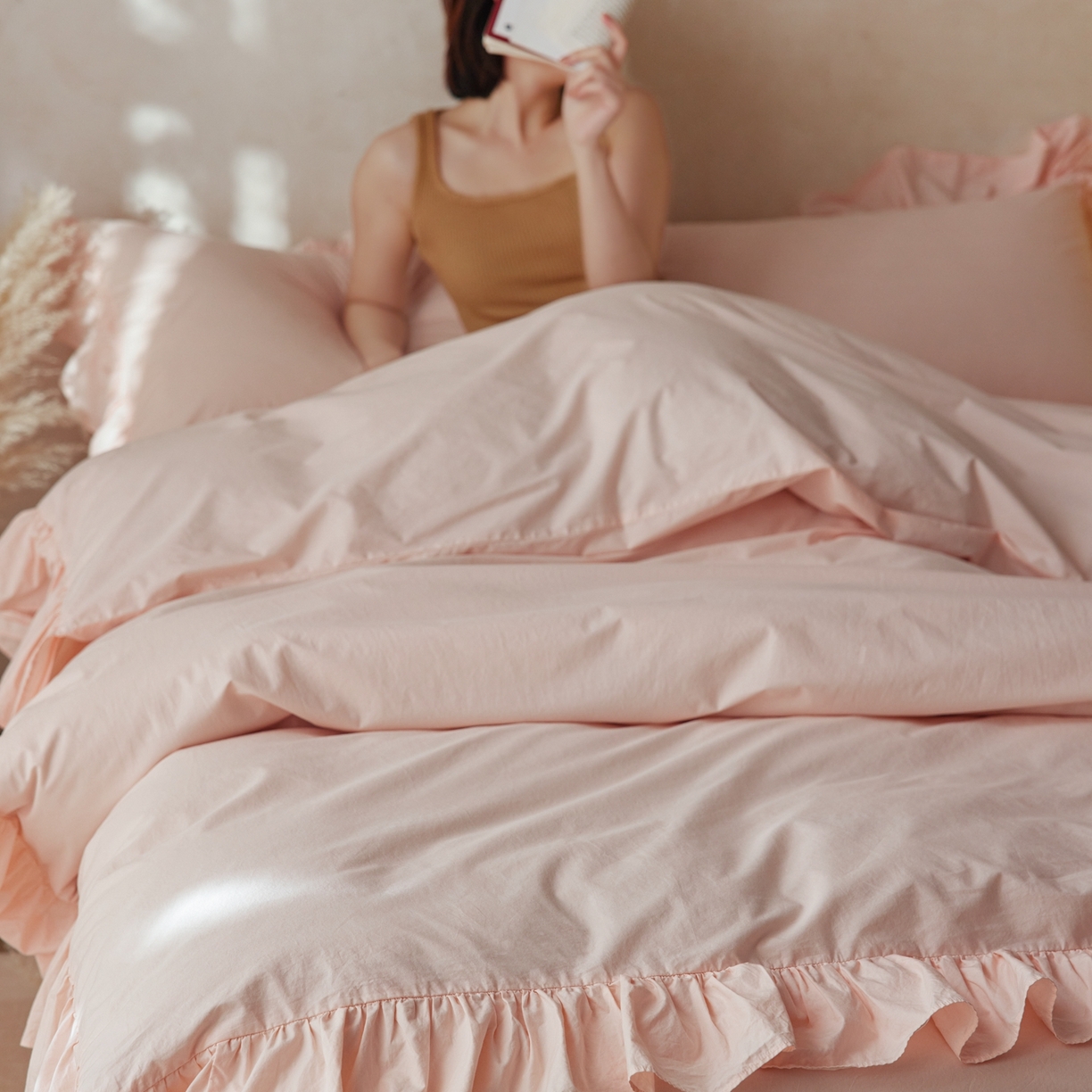 91家纺网 家纺一手货源 找家纺 涞澳家纺 2026新款全棉纯棉水洗棉纯色花边款四件套-珠若 珠若-浅玉