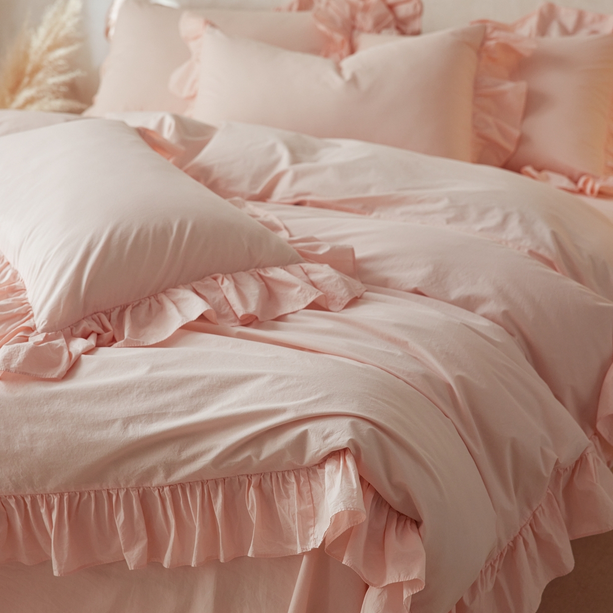 91家纺网 家纺一手货源 找家纺 涞澳家纺 2026新款全棉纯棉水洗棉纯色花边款四件套-珠若 珠若-浅玉