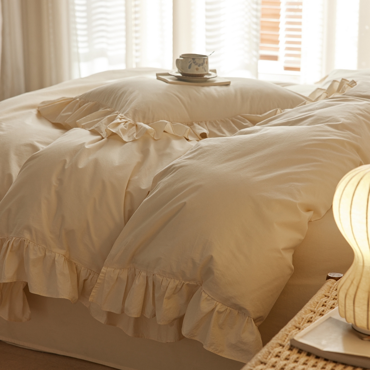 91家纺网 家纺一手货源 找家纺 涞澳家纺 2026新款全棉纯棉水洗棉纯色花边款四件套-珠若 珠若-米白