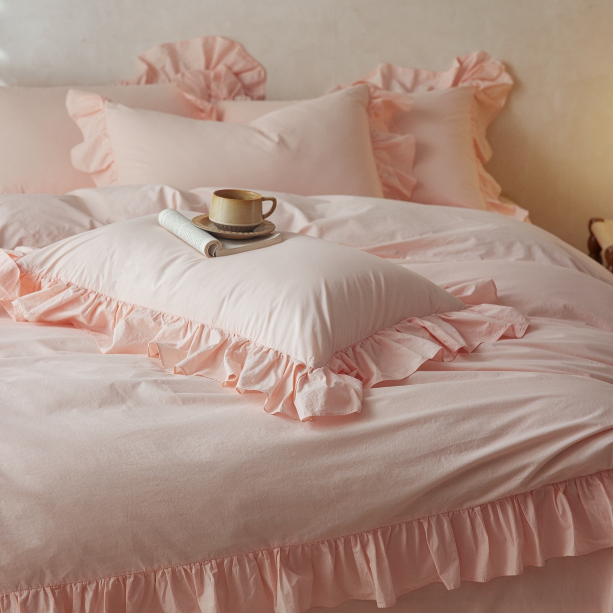 91家纺网 家纺一手货源 找家纺 涞澳家纺 2026新款全棉纯棉水洗棉纯色花边款四件套-珠若 珠若-浅玉