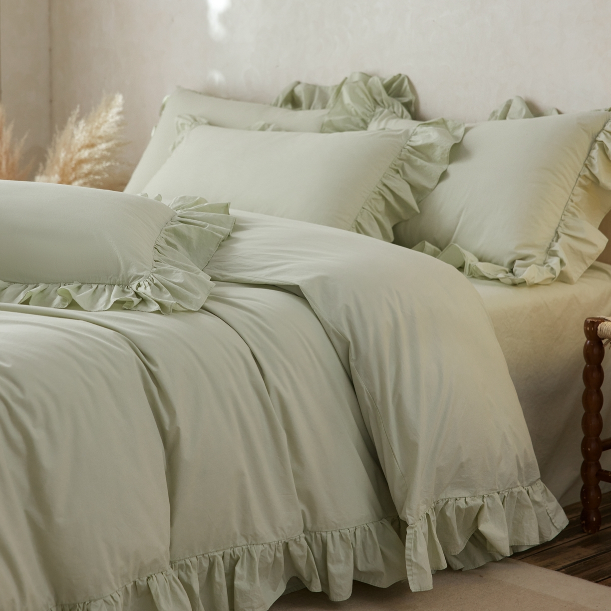 91家纺网 家纺一手货源 找家纺 涞澳家纺 2026新款全棉纯棉水洗棉纯色花边款四件套-珠若 珠若-浅绿