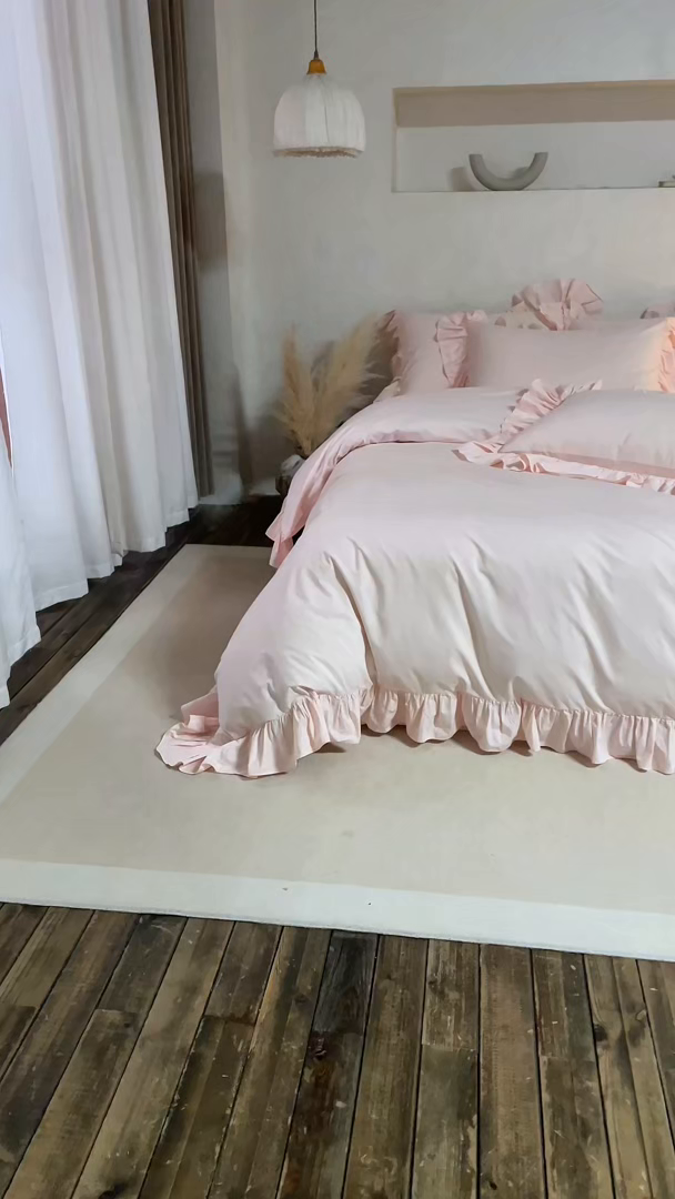 91家纺网 家纺一手货源 找家纺 涞澳家纺 2026新款全棉纯棉水洗棉纯色花边款四件套-珠若 珠若-浅玉