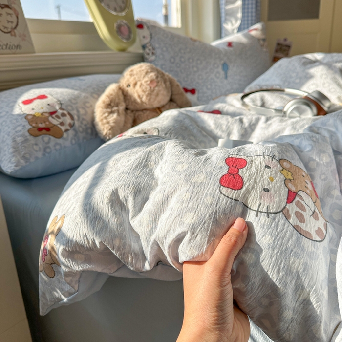 柒月家居 2026新款云感皱皱纱小清新木棉四件套 哈喽猫咪-蓝