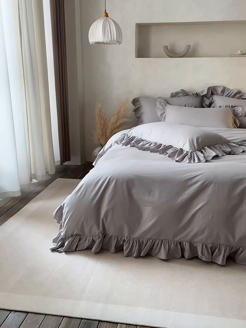 91家纺网 家纺一手货源 找家纺 涞澳家纺 2026新款全棉纯棉水洗棉纯色花边款四件套-珠若 珠若-浅灰