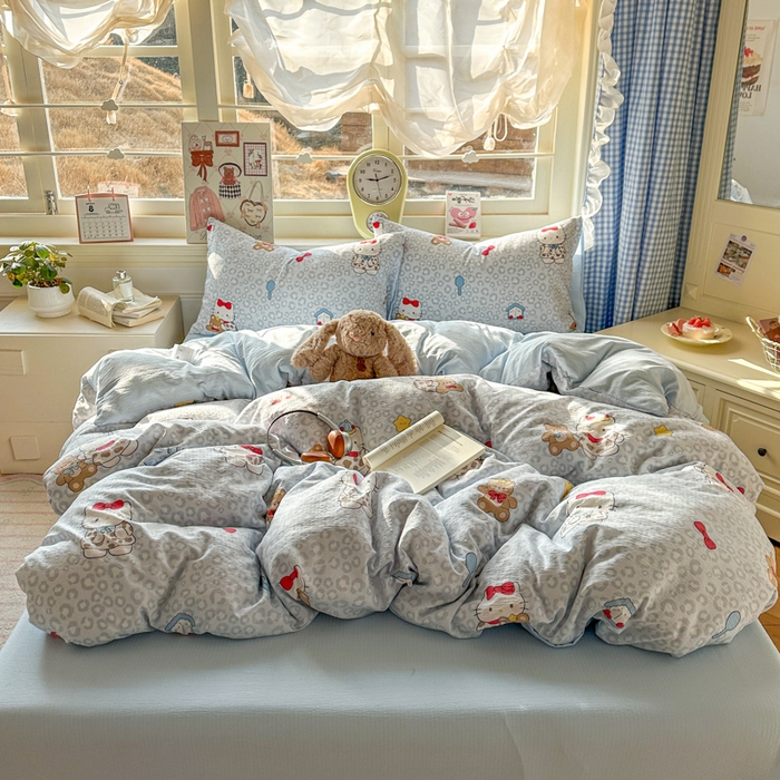 91家纺网 家纺一手货源 找家纺 柒月家居 2026新款云感皱皱纱小清新木棉四件套 哈喽猫咪-蓝