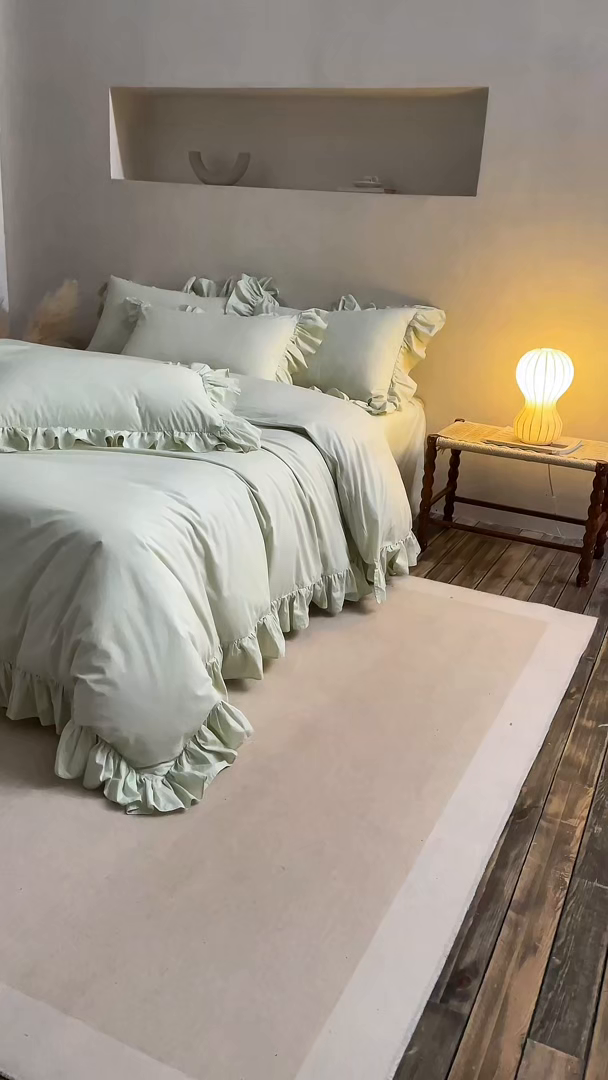 91家纺网 家纺一手货源 找家纺 涞澳家纺 2026新款全棉纯棉水洗棉纯色花边款四件套-珠若 珠若-浅绿