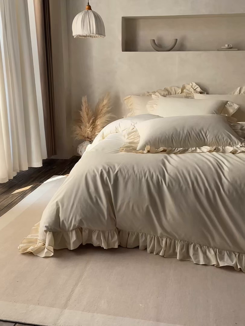 91家纺网 家纺一手货源 找家纺 （总）涞澳家纺 2026新款全棉纯棉水洗棉纯色花边款四件套-珠若