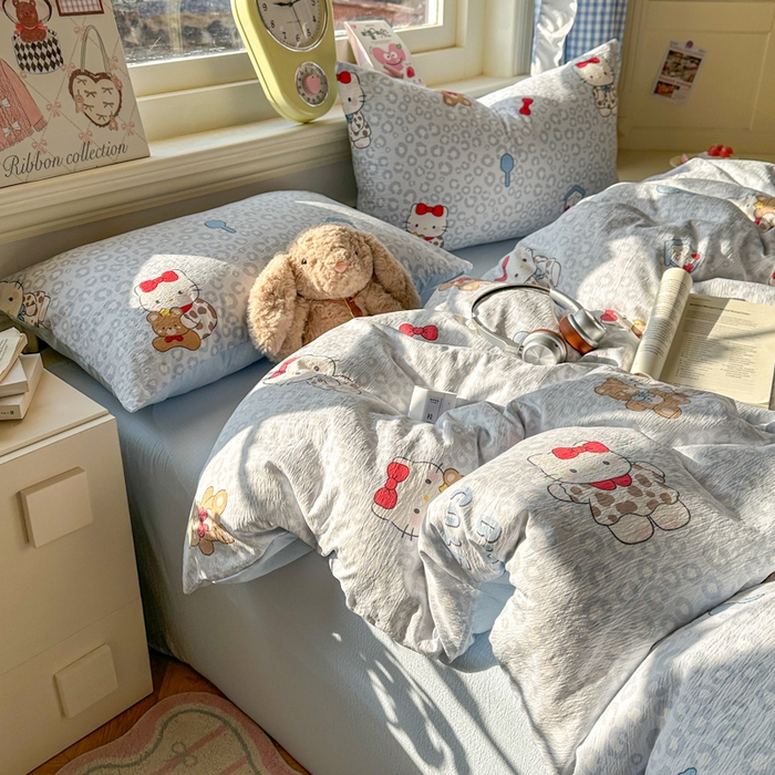 91家纺网 家纺一手货源 找家纺 柒月家居 2026新款云感皱皱纱小清新木棉四件套 哈喽猫咪-蓝