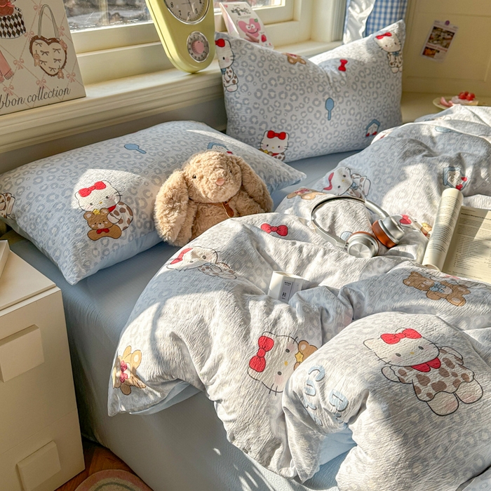 91家纺网 家纺一手货源 找家纺 柒月家居 2026新款云感皱皱纱小清新木棉四件套 哈喽猫咪-蓝