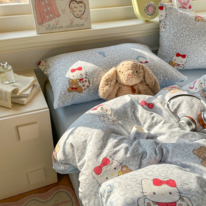 91家纺网 家纺一手货源 找家纺 柒月家居 2026新款云感皱皱纱小清新木棉四件套 哈喽猫咪-蓝