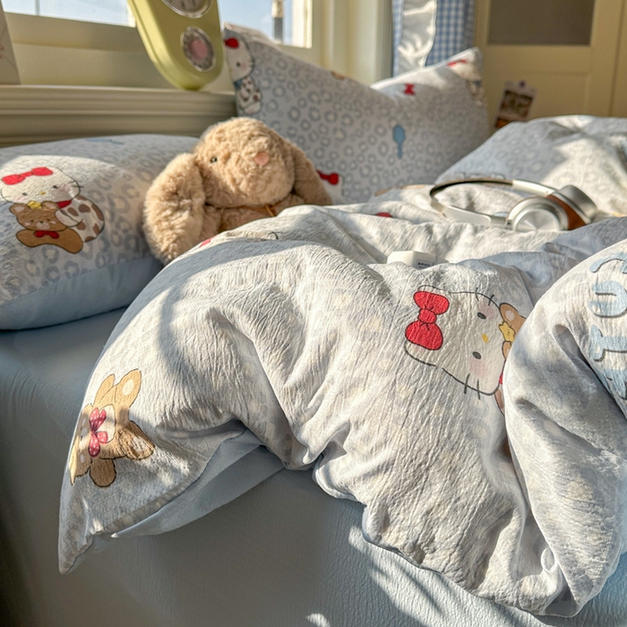 91家纺网 家纺一手货源 找家纺 柒月家居 2026新款云感皱皱纱小清新木棉四件套 哈喽猫咪-蓝