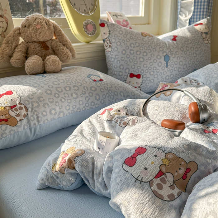 91家纺网 家纺一手货源 找家纺 柒月家居 2026新款云感皱皱纱小清新木棉四件套 哈喽猫咪-蓝