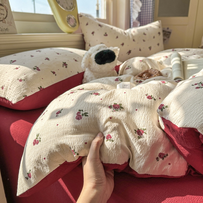 柒月家居 2026新款云感皱皱纱小清新木棉四件套 玫瑰园