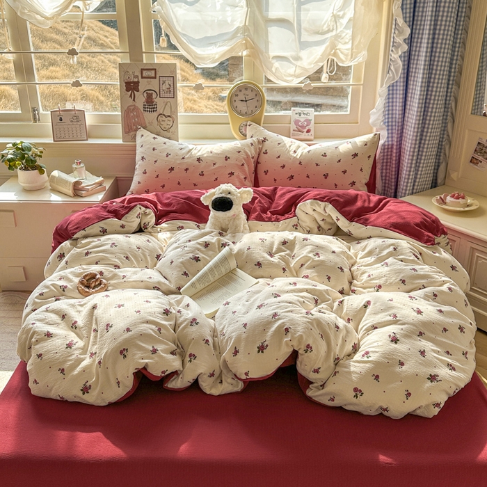 91家纺网 家纺一手货源 找家纺 柒月家居 2026新款云感皱皱纱小清新木棉四件套 玫瑰园