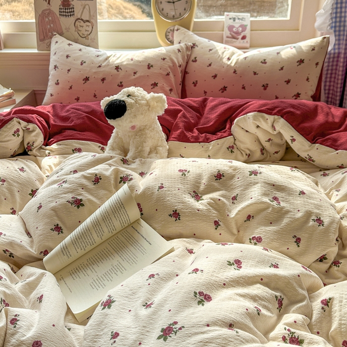 91家纺网 家纺一手货源 找家纺 柒月家居 2026新款云感皱皱纱小清新木棉四件套 玫瑰园