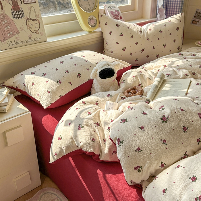 91家纺网 家纺一手货源 找家纺 柒月家居 2026新款云感皱皱纱小清新木棉四件套 玫瑰园