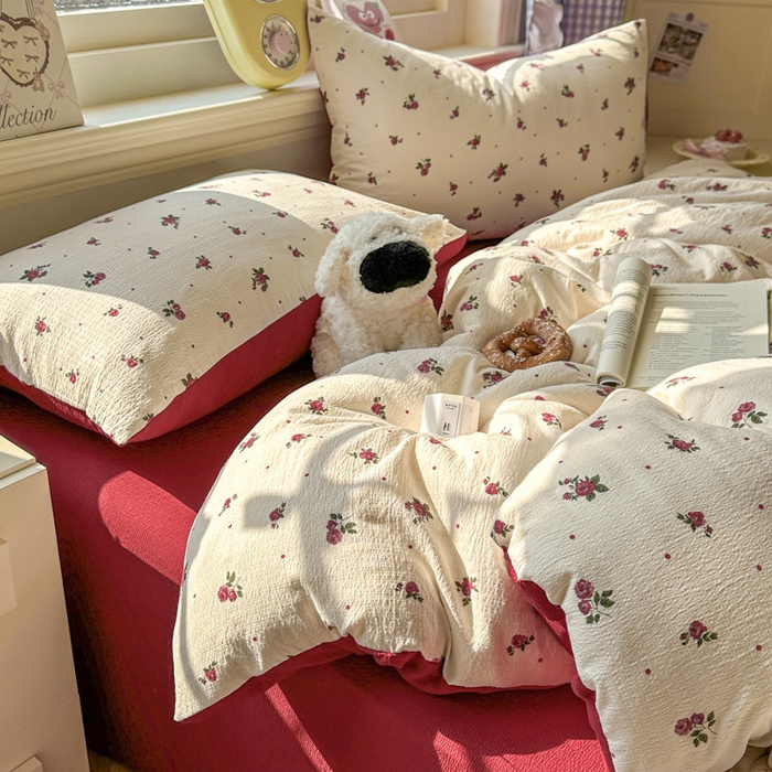 91家纺网 家纺一手货源 找家纺 柒月家居 2026新款云感皱皱纱小清新木棉四件套 玫瑰园