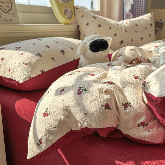 91家纺网 家纺一手货源 找家纺 柒月家居 2026新款云感皱皱纱小清新木棉四件套 玫瑰园