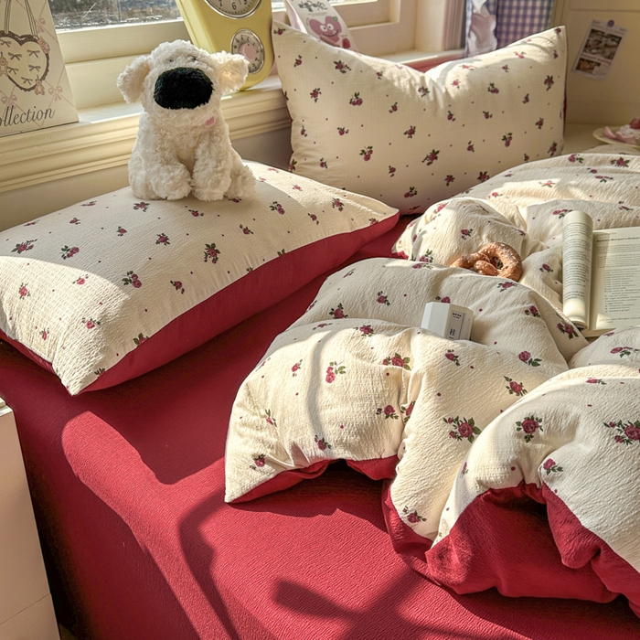 91家纺网 家纺一手货源 找家纺 柒月家居 2026新款云感皱皱纱小清新木棉四件套 玫瑰园