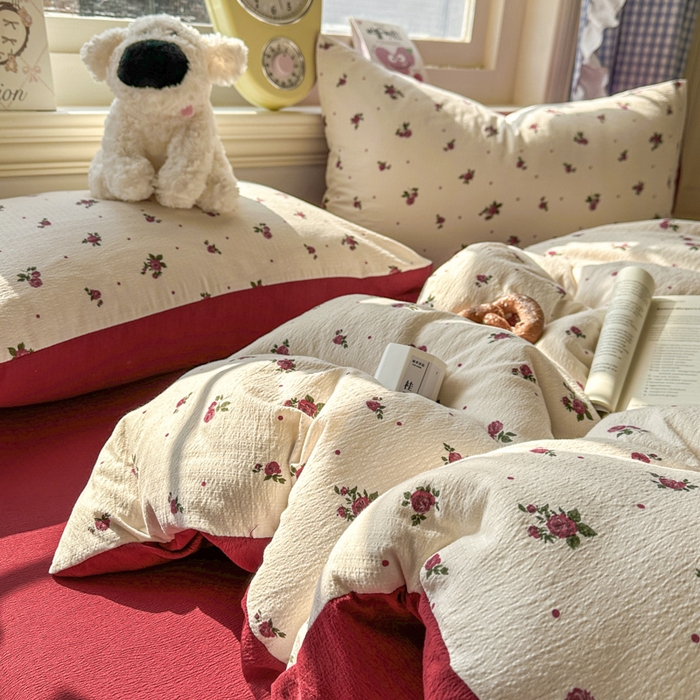 91家纺网 家纺一手货源 找家纺 柒月家居 2026新款云感皱皱纱小清新木棉四件套 玫瑰园