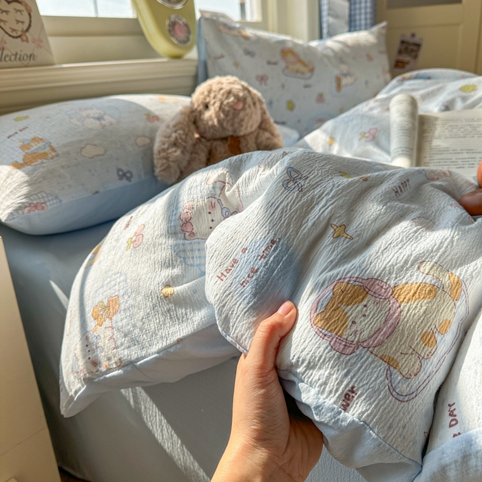 柒月家居 2026新款云感皱皱纱小清新木棉四件套 萌宠宝贝