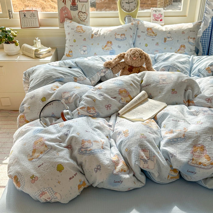 91家纺网 家纺一手货源 找家纺 柒月家居 2026新款云感皱皱纱小清新木棉四件套 萌宠宝贝